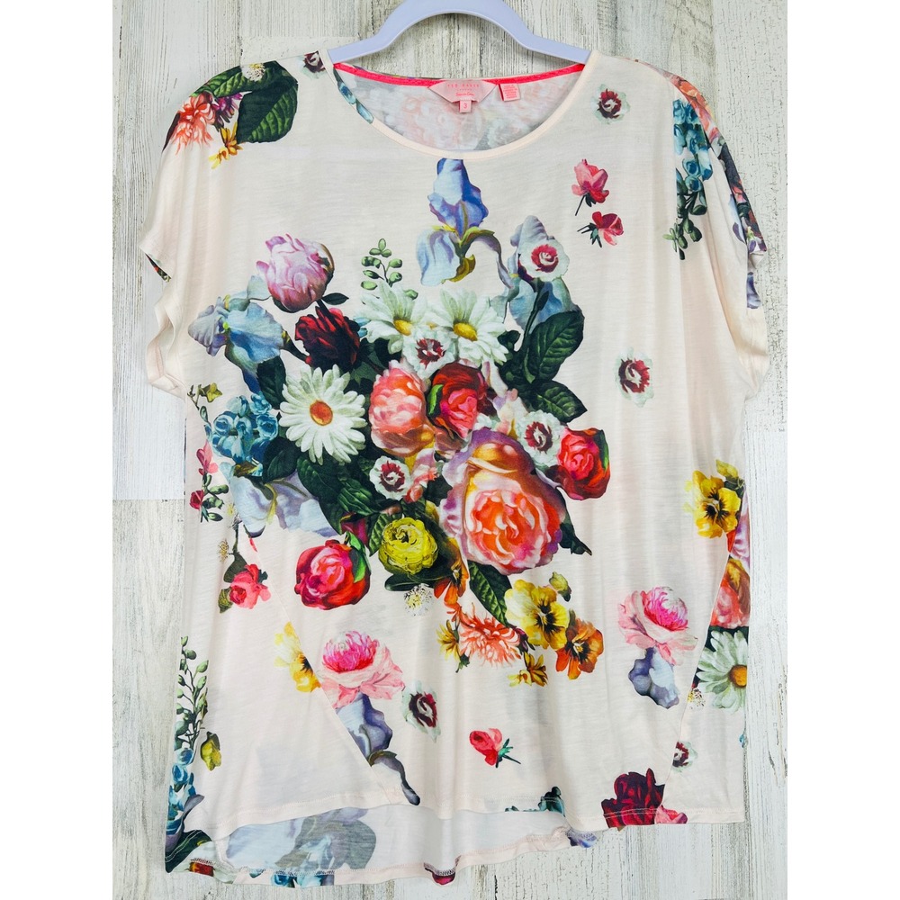 Ted Baker Osskar Floral Top 3 L Blush Pink Lyocell Botanical Romantic Chic Tee
